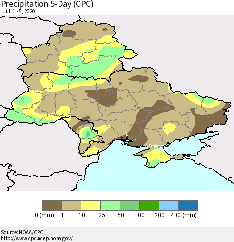 Ukraine, Moldova and Belarus Precipitation 5-Day (CPC) Thematic Map For 7/1/2020 - 7/5/2020