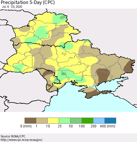 Ukraine, Moldova and Belarus Precipitation 5-Day (CPC) Thematic Map For 7/6/2020 - 7/10/2020