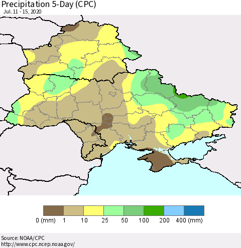 Ukraine, Moldova and Belarus Precipitation 5-Day (CPC) Thematic Map For 7/11/2020 - 7/15/2020