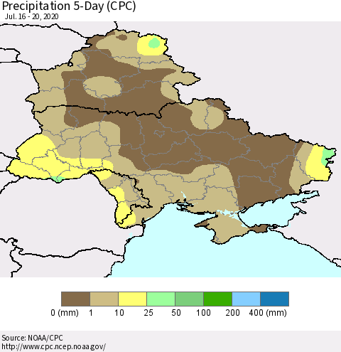 Ukraine, Moldova and Belarus Precipitation 5-Day (CPC) Thematic Map For 7/16/2020 - 7/20/2020
