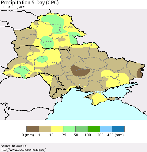 Ukraine, Moldova and Belarus Precipitation 5-Day (CPC) Thematic Map For 7/26/2020 - 7/31/2020