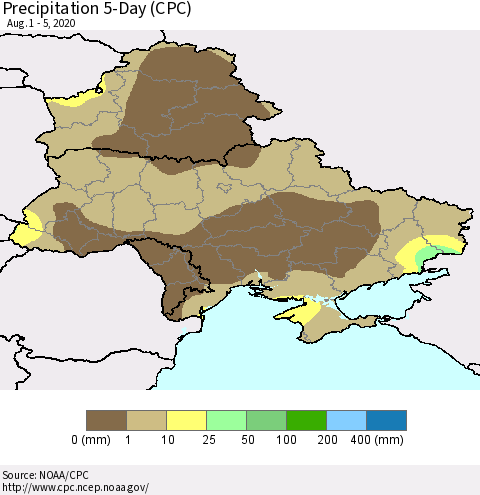Ukraine, Moldova and Belarus Precipitation 5-Day (CPC) Thematic Map For 8/1/2020 - 8/5/2020