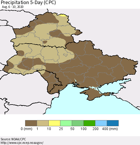 Ukraine, Moldova and Belarus Precipitation 5-Day (CPC) Thematic Map For 8/6/2020 - 8/10/2020