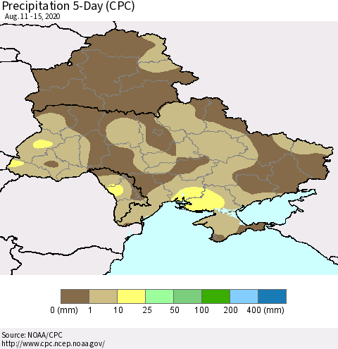 Ukraine, Moldova and Belarus Precipitation 5-Day (CPC) Thematic Map For 8/11/2020 - 8/15/2020