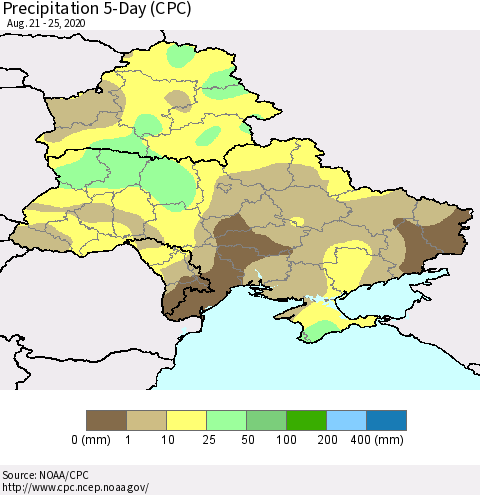 Ukraine, Moldova and Belarus Precipitation 5-Day (CPC) Thematic Map For 8/21/2020 - 8/25/2020