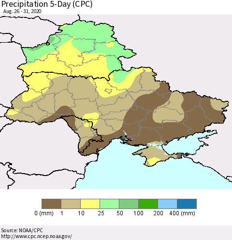 Ukraine, Moldova and Belarus Precipitation 5-Day (CPC) Thematic Map For 8/26/2020 - 8/31/2020