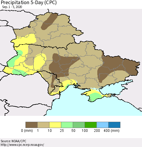 Ukraine, Moldova and Belarus Precipitation 5-Day (CPC) Thematic Map For 9/1/2020 - 9/5/2020