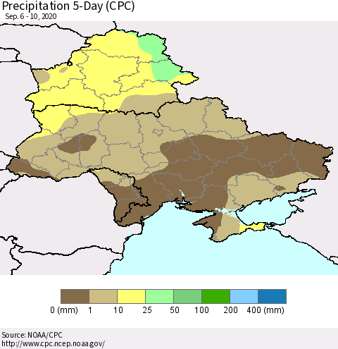 Ukraine, Moldova and Belarus Precipitation 5-Day (CPC) Thematic Map For 9/6/2020 - 9/10/2020