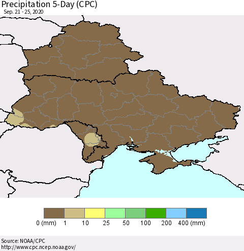 Ukraine, Moldova and Belarus Precipitation 5-Day (CPC) Thematic Map For 9/21/2020 - 9/25/2020