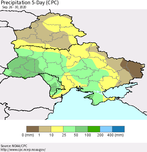 Ukraine, Moldova and Belarus Precipitation 5-Day (CPC) Thematic Map For 9/26/2020 - 9/30/2020