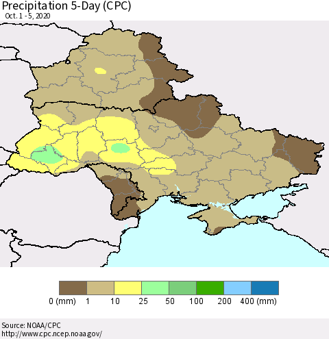 Ukraine, Moldova and Belarus Precipitation 5-Day (CPC) Thematic Map For 10/1/2020 - 10/5/2020
