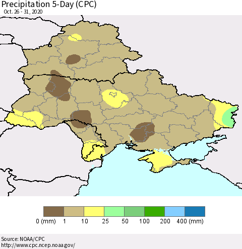 Ukraine, Moldova and Belarus Precipitation 5-Day (CPC) Thematic Map For 10/26/2020 - 10/31/2020