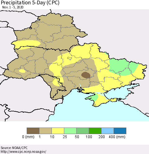 Ukraine, Moldova and Belarus Precipitation 5-Day (CPC) Thematic Map For 11/1/2020 - 11/5/2020
