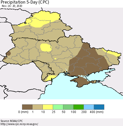 Ukraine, Moldova and Belarus Precipitation 5-Day (CPC) Thematic Map For 11/16/2020 - 11/20/2020