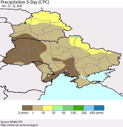 Ukraine, Moldova and Belarus Precipitation 5-Day (CPC) Thematic Map For 11/21/2020 - 11/25/2020