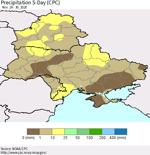 Ukraine, Moldova and Belarus Precipitation 5-Day (CPC) Thematic Map For 11/26/2020 - 11/30/2020