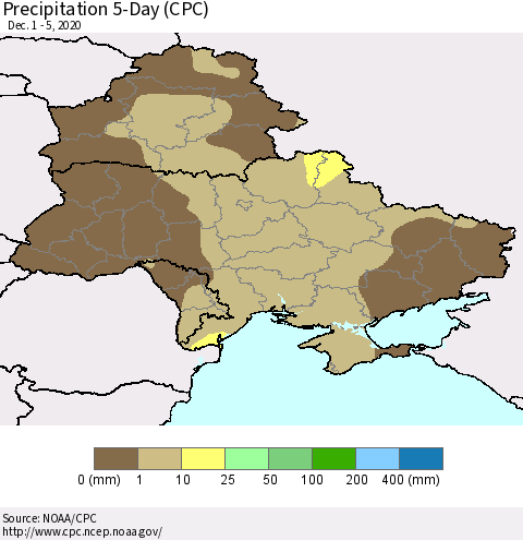 Ukraine, Moldova and Belarus Precipitation 5-Day (CPC) Thematic Map For 12/1/2020 - 12/5/2020