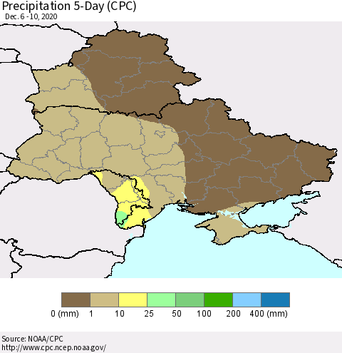 Ukraine, Moldova and Belarus Precipitation 5-Day (CPC) Thematic Map For 12/6/2020 - 12/10/2020