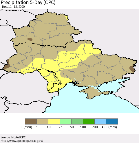 Ukraine, Moldova and Belarus Precipitation 5-Day (CPC) Thematic Map For 12/11/2020 - 12/15/2020