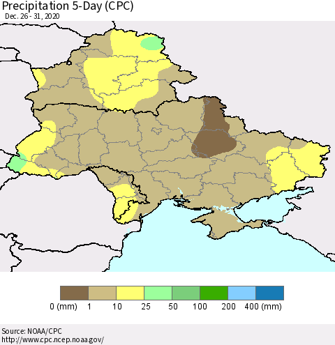 Ukraine, Moldova and Belarus Precipitation 5-Day (CPC) Thematic Map For 12/26/2020 - 12/31/2020