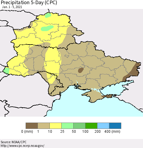 Ukraine, Moldova and Belarus Precipitation 5-Day (CPC) Thematic Map For 1/1/2021 - 1/5/2021