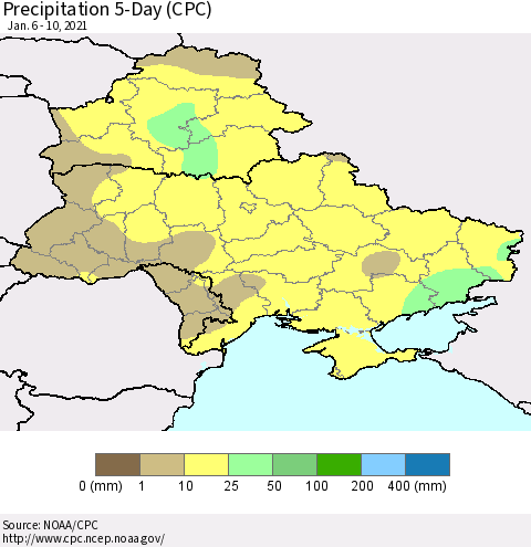 Ukraine, Moldova and Belarus Precipitation 5-Day (CPC) Thematic Map For 1/6/2021 - 1/10/2021