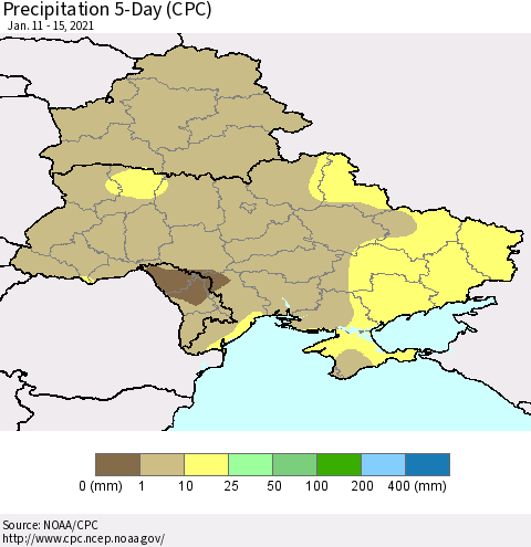 Ukraine, Moldova and Belarus Precipitation 5-Day (CPC) Thematic Map For 1/11/2021 - 1/15/2021