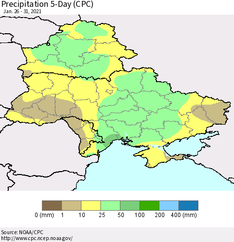 Ukraine, Moldova and Belarus Precipitation 5-Day (CPC) Thematic Map For 1/26/2021 - 1/31/2021