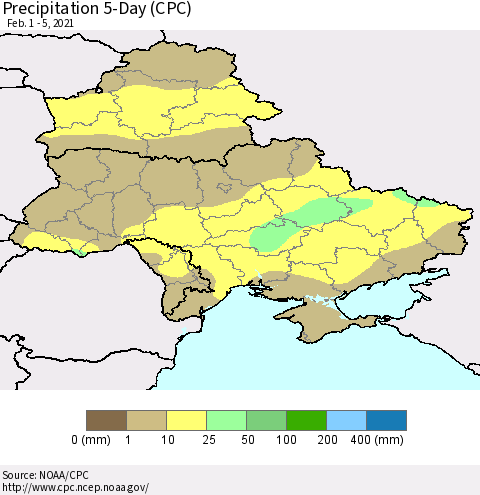 Ukraine, Moldova and Belarus Precipitation 5-Day (CPC) Thematic Map For 2/1/2021 - 2/5/2021