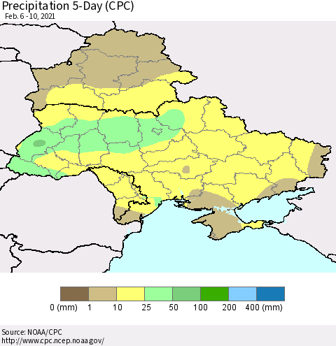 Ukraine, Moldova and Belarus Precipitation 5-Day (CPC) Thematic Map For 2/6/2021 - 2/10/2021