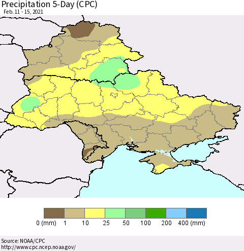 Ukraine, Moldova and Belarus Precipitation 5-Day (CPC) Thematic Map For 2/11/2021 - 2/15/2021