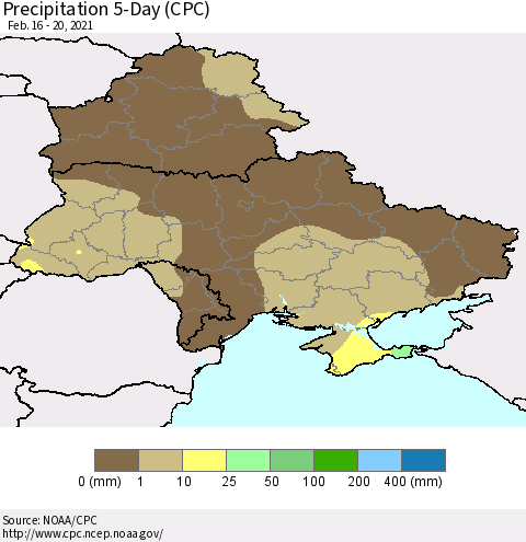 Ukraine, Moldova and Belarus Precipitation 5-Day (CPC) Thematic Map For 2/16/2021 - 2/20/2021
