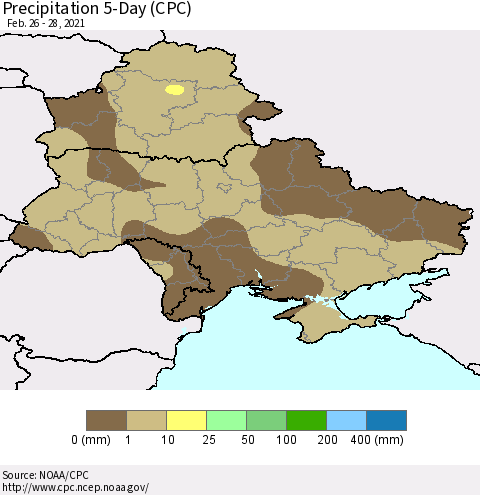 Ukraine, Moldova and Belarus Precipitation 5-Day (CPC) Thematic Map For 2/26/2021 - 2/28/2021