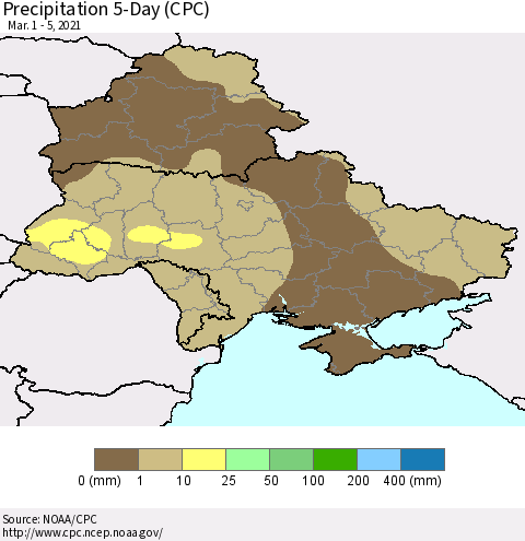 Ukraine, Moldova and Belarus Precipitation 5-Day (CPC) Thematic Map For 3/1/2021 - 3/5/2021
