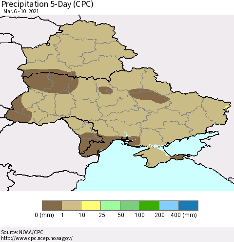 Ukraine, Moldova and Belarus Precipitation 5-Day (CPC) Thematic Map For 3/6/2021 - 3/10/2021