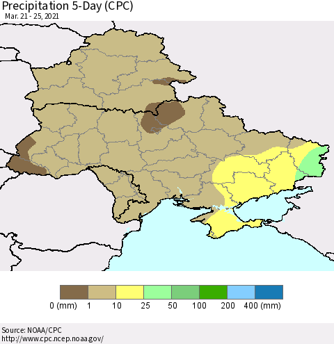 Ukraine, Moldova and Belarus Precipitation 5-Day (CPC) Thematic Map For 3/21/2021 - 3/25/2021