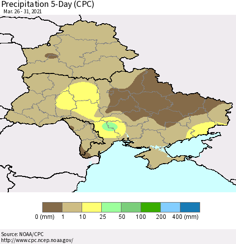 Ukraine, Moldova and Belarus Precipitation 5-Day (CPC) Thematic Map For 3/26/2021 - 3/31/2021
