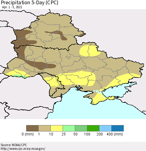Ukraine, Moldova and Belarus Precipitation 5-Day (CPC) Thematic Map For 4/1/2021 - 4/5/2021