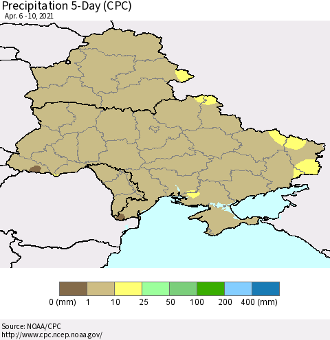 Ukraine, Moldova and Belarus Precipitation 5-Day (CPC) Thematic Map For 4/6/2021 - 4/10/2021