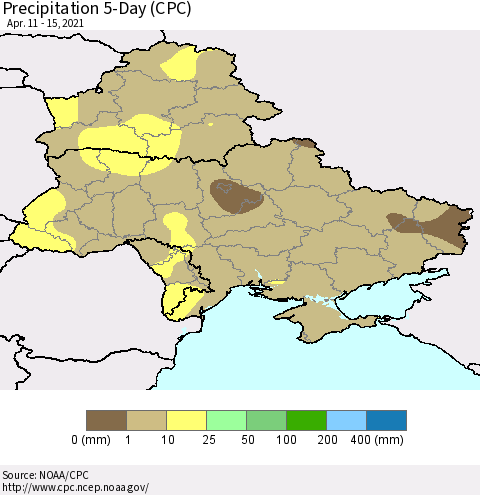 Ukraine, Moldova and Belarus Precipitation 5-Day (CPC) Thematic Map For 4/11/2021 - 4/15/2021