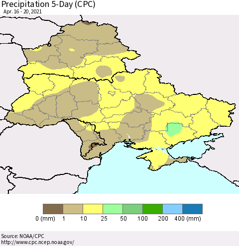 Ukraine, Moldova and Belarus Precipitation 5-Day (CPC) Thematic Map For 4/16/2021 - 4/20/2021