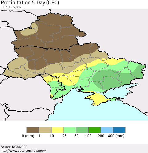 Ukraine, Moldova and Belarus Precipitation 5-Day (CPC) Thematic Map For 6/1/2021 - 6/5/2021