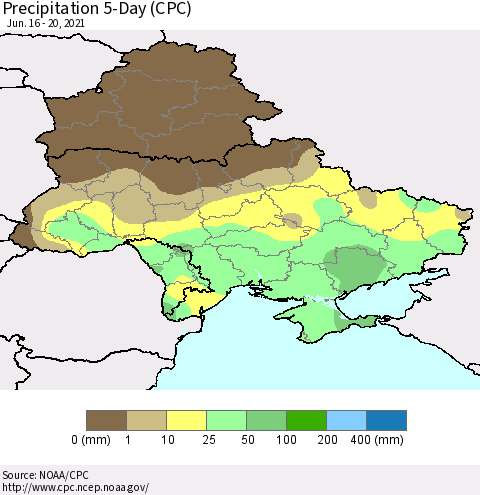 Ukraine, Moldova and Belarus Precipitation 5-Day (CPC) Thematic Map For 6/16/2021 - 6/20/2021
