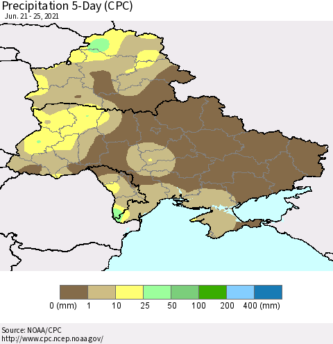 Ukraine, Moldova and Belarus Precipitation 5-Day (CPC) Thematic Map For 6/21/2021 - 6/25/2021