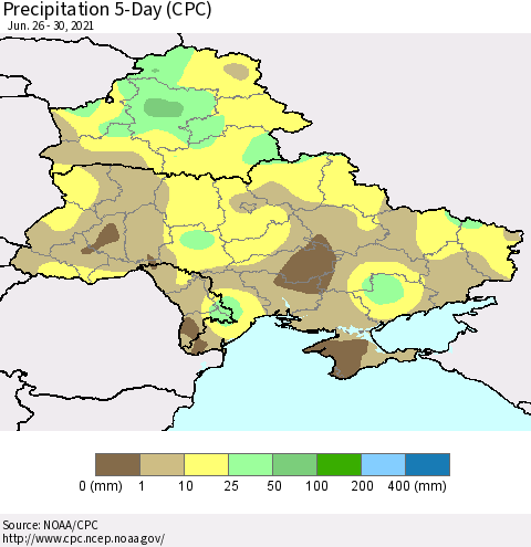Ukraine, Moldova and Belarus Precipitation 5-Day (CPC) Thematic Map For 6/26/2021 - 6/30/2021