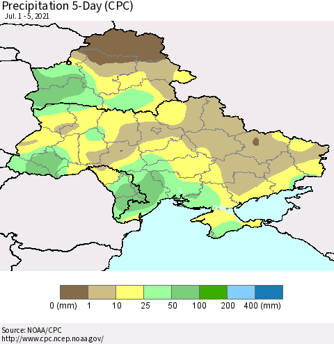 Ukraine, Moldova and Belarus Precipitation 5-Day (CPC) Thematic Map For 7/1/2021 - 7/5/2021