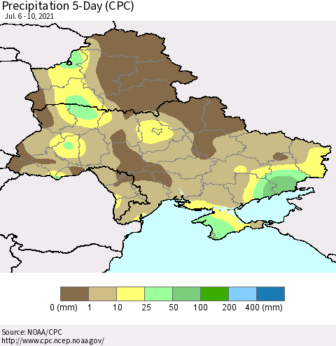Ukraine, Moldova and Belarus Precipitation 5-Day (CPC) Thematic Map For 7/6/2021 - 7/10/2021