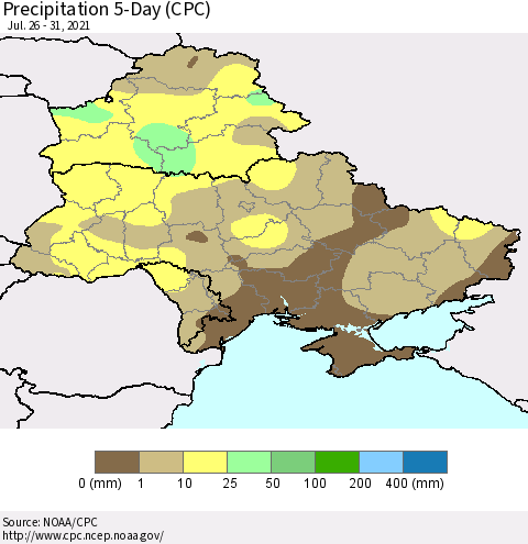 Ukraine, Moldova and Belarus Precipitation 5-Day (CPC) Thematic Map For 7/26/2021 - 7/31/2021