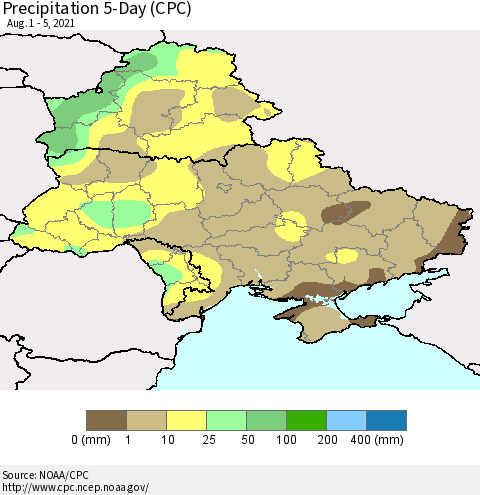 Ukraine, Moldova and Belarus Precipitation 5-Day (CPC) Thematic Map For 8/1/2021 - 8/5/2021