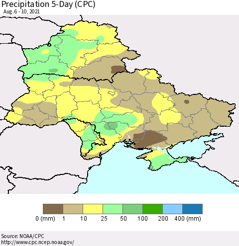 Ukraine, Moldova and Belarus Precipitation 5-Day (CPC) Thematic Map For 8/6/2021 - 8/10/2021